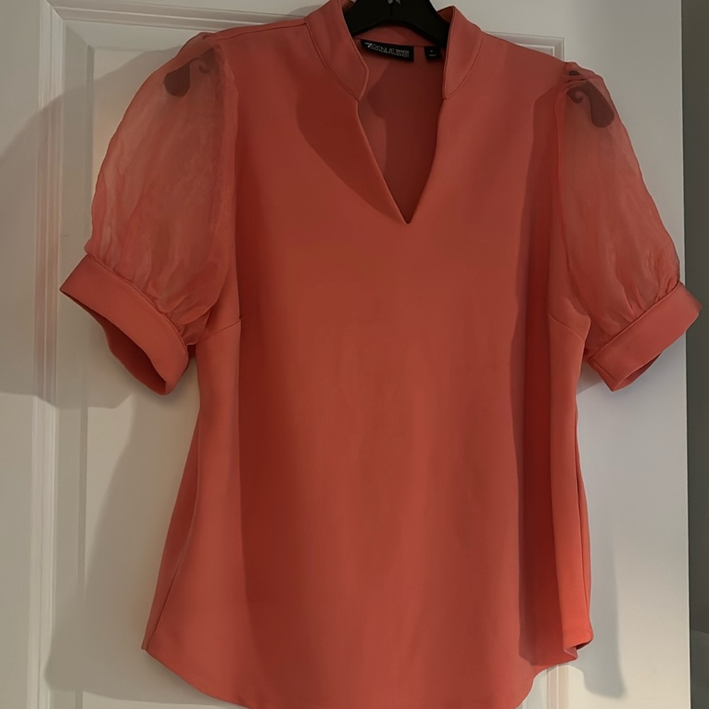 Coral puffy sleeve top.
